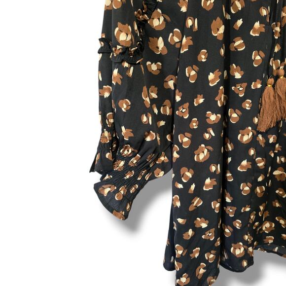 THML Women’s Black Brown Abstract Print Tassel Tie Blouse – Large - Picture 4 of 9